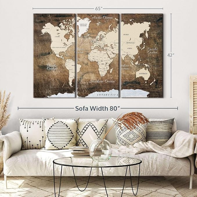 ElephantStock Aged Brown World Map I Wall Art - 3 Piece Canvas World Map Wall Decor - Ready-to-Hang Canvas Print - Vintage Wall Art - 65" X 42"