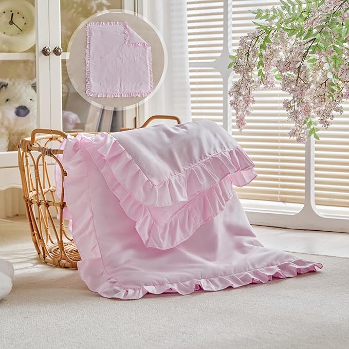 Ruffled Toddler Blanket Ruffle Comforter for Baby Toddler Girls, Soft Cozy Cute Quilted Blanket Breathable Microfiber Comfortable Down Alternative Small Size Quilt with Ruffle - 43"x 60" Pink