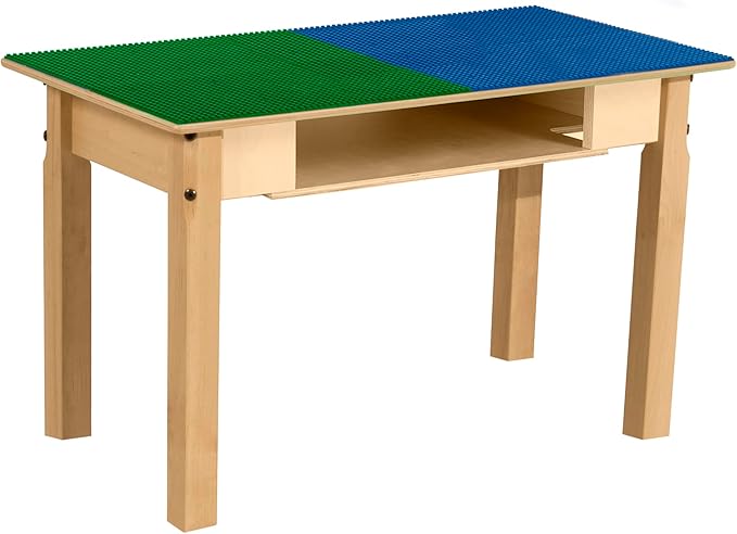 Contender Time-2-Play Montessori Toddler's 30.75" Rectangular Plywood Blue & Green Lego Blocks Compatible Table with Shelf, Solid Wood Desk for Playroom/Daycare/Preschool [18" Long Legs]