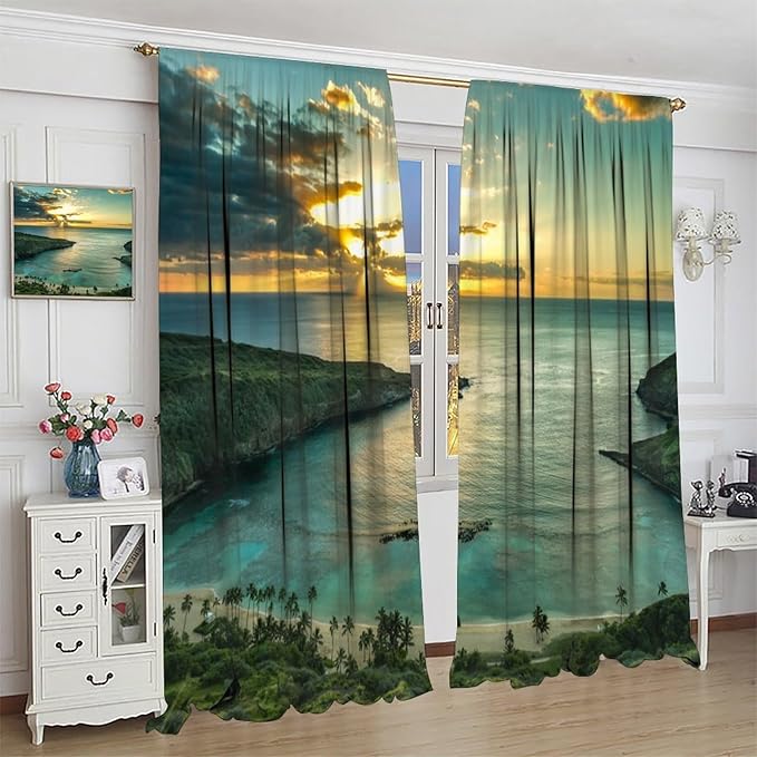 BAEKJIN Ocean Beach Curtains,OceanMorning Sunrise Hawaiian Seaside Scene Pattern Print Decor Home Bedroom Living Room Window Treatments 2 Panel Set 42x45 Inch
