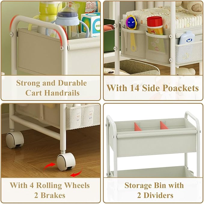 3-Tier Baby Diaper Caddy Cart Organizer,Mobile Nursery Storage Cart with Wheels,With 2 Dividers&14 Mesh Pockets Durable Metal Utility Cart for Nursery, Bedroom, Bathroom, Baby Essentials Organization