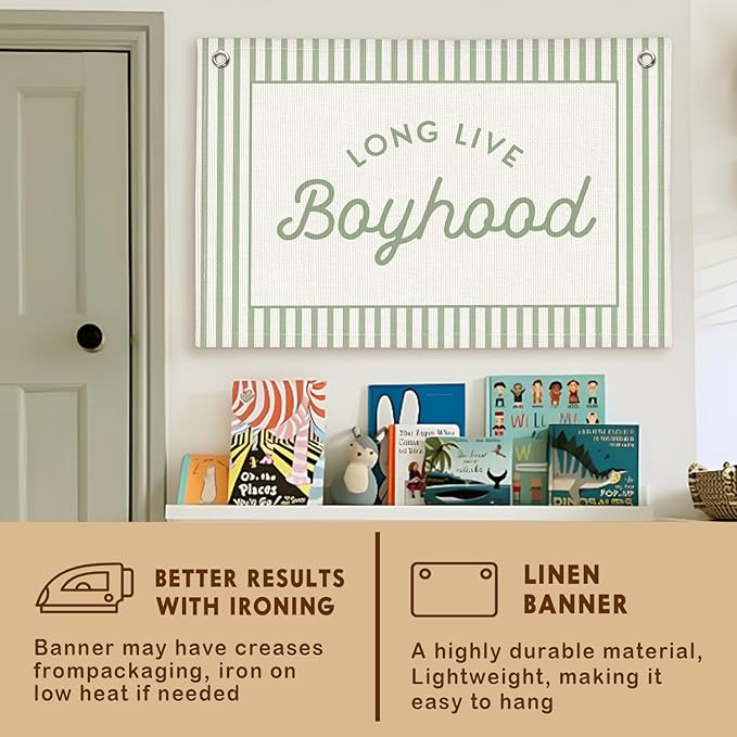 Lacama Green Long Live Boyhood Boys Room Decor, Boy Nursery Decor, Linen Banner Wall Hanging Canvas Banner Flag Decor for Toddler Boy Room Nursery 30x21 Inch