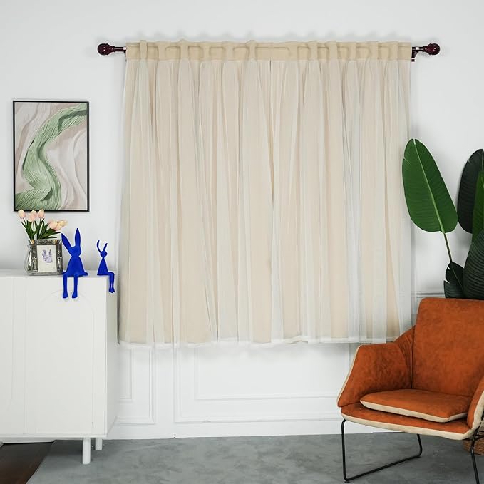 INLINAS Beige Blackout Curtains with Sheer Overlay - Back Tab and Rod Pocket Thermal and Noise Reduction Panels for Bedroom and Living Room Light Blocking and Energy Saving, 52 x 63 Inches, Set of 2