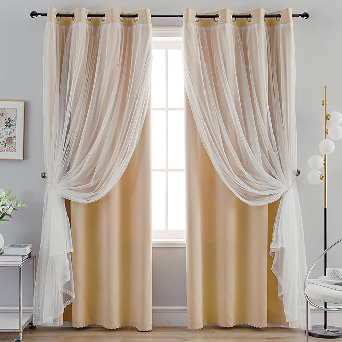 Anytime Home Curtains Blackout and Sheer Layered Solid Window Curtain Panel Pair with Grommet Top, 52Wx63L,Beige
