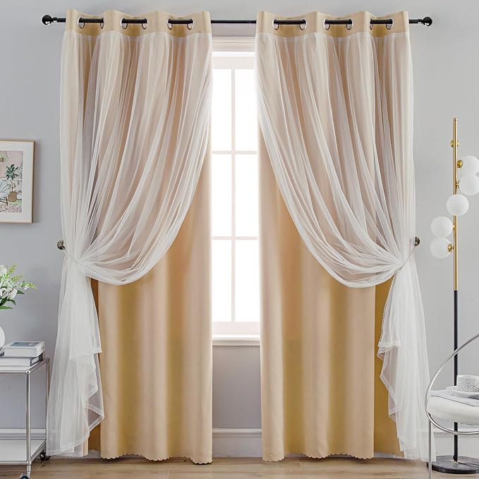 Anytime Home Curtains Blackout and Sheer Layered Solid Window Curtain Panel Pair with Grommet Top, 52Wx72L,Beige