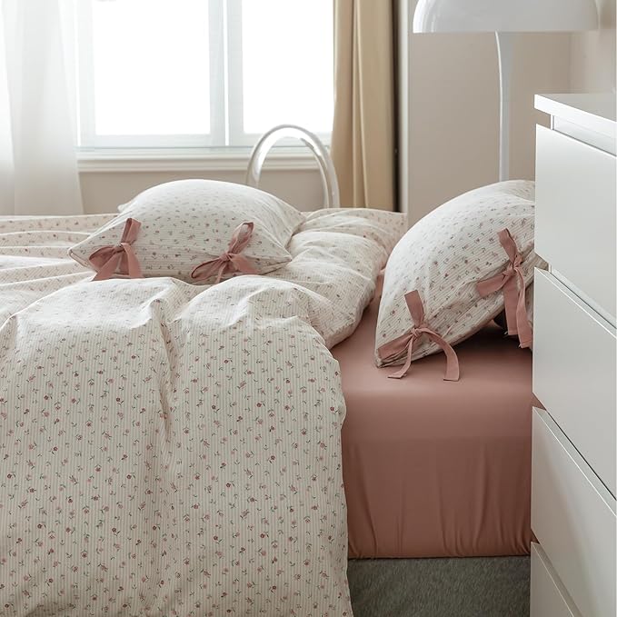 HighBuy Pink Flora Duvet Cover Full Girl Botanical White Flower Coquette Bedding Set Vintage Style Garden Floral Duvet Cover Full with 2 Bowknot Bow Tie Pillowcases Soft Cotton Comforter Cover