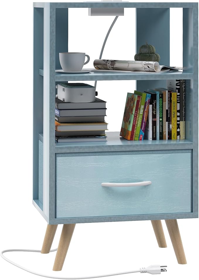 Night Stand with Charging Station, Blue Kids Nightstand with Drawer, 3-Tier Nursery Bedside Table with USB Ports and Outlets, End Table for Small Space, Living Room, Bedroom