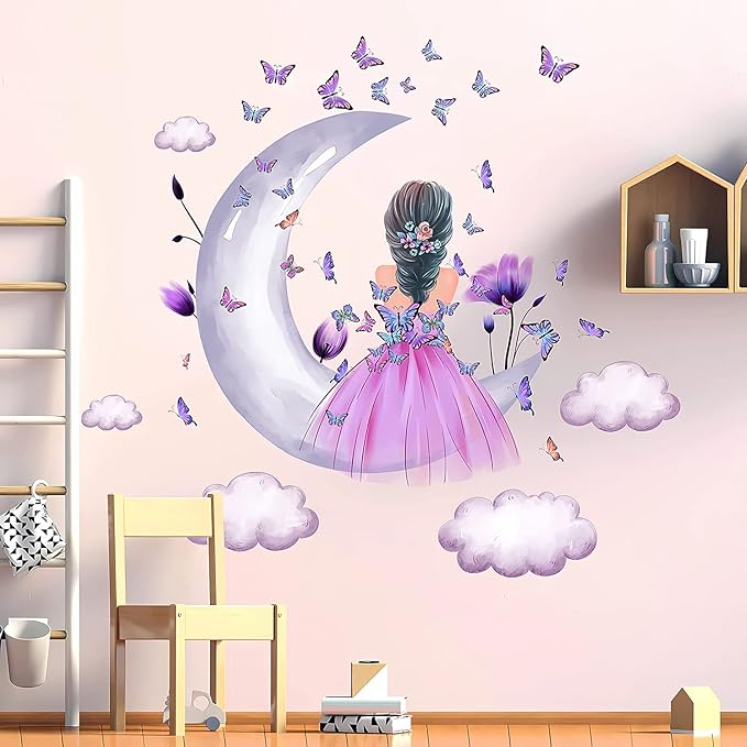 Baby Girl Wall Decals Purple Flower Butterfly Wall Sticker Moon Cloud Wall Decal Colorful Butterflies Wall Stickers Princess Room Decor for Girls Nursery Bedroom Playroom