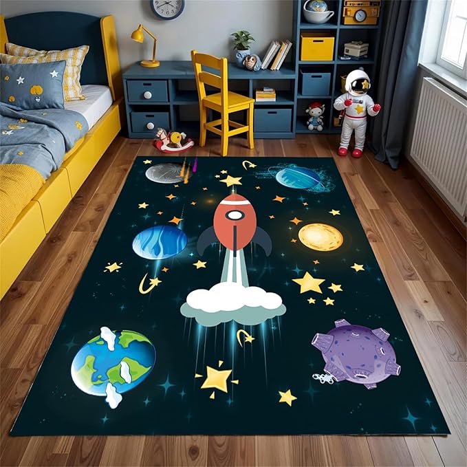 5x7ft Outer Space Rug - with Rocket and Planet Design, Non-Slip Washable,Kids Rugs for Playroom Easy Care Rug, for Children's Room, Toddlers, Classroom, Playroom, Baby Daycare