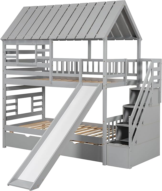 Merax Twin Over Twin House Bunk Bed, Wooden Bed Frame with Trundle and Slide, Storage Staircase, Roof and Window Design, Gray