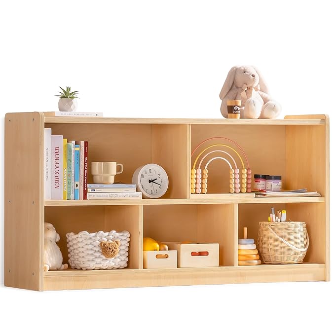 ROBUD Wooden Toy Storage Organizer, 5-Compartment Montessori Shelf with Anti-tip Kit, Wooden Storage Cabinet for Kids Room, Bedroom, Playroom, Nursery, Preschool, 44.9" x 23.6" x 11.8"
