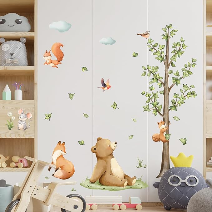 Tanlaby Forest Animals Tree Wall Decals Bear Fox Safari Wall Stickers Peel and Stick Large Green Tree Art Decor for Baby Nursery Kids Toddler Bedroom Playroom