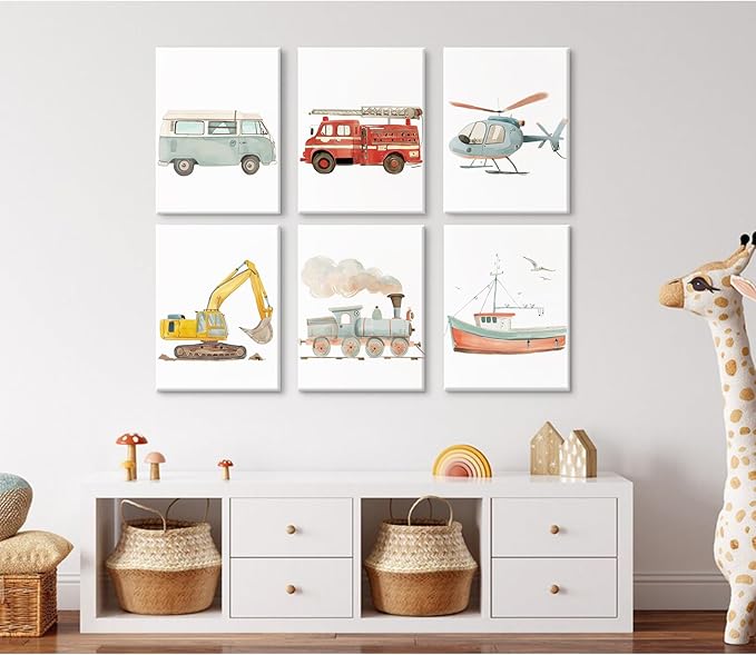Car Wall Art Boys Room Canvas Wall Decor Nursery Prints Transportation Vehicle Wall Art Kids Toddler Posters Construction Truck Pictures Boy Nursery Artwork for Bedroom Playroom 12x16x6 Inch Framed