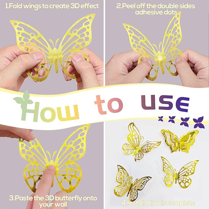 96 Pcs Butterfly Decorations 3 Sizes 4 Styles 3D Butterfly Wall Decor Party Decorations Butterflies for Crafts Birthday & Wedding Celebrations Cake Decorating Balloons Removable Stickers Gold