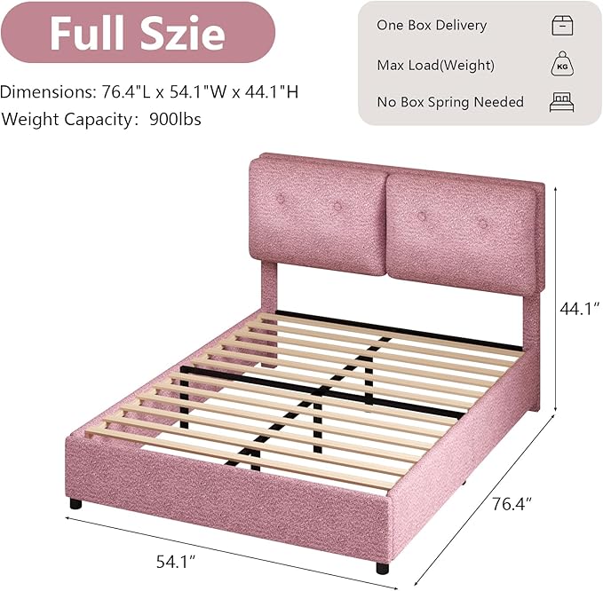 Full Size Bed Frame with Headboard, Cloud Boucle Upholstered Bed Frame, Modern Soft Style, Adjustable Headboard, No Box Spring Needed, Easy Assembly, Pink