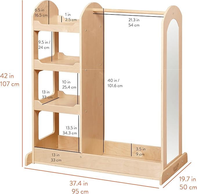Double-Sided Dress-Up Center with Mirror, Clothes Rack, Natural