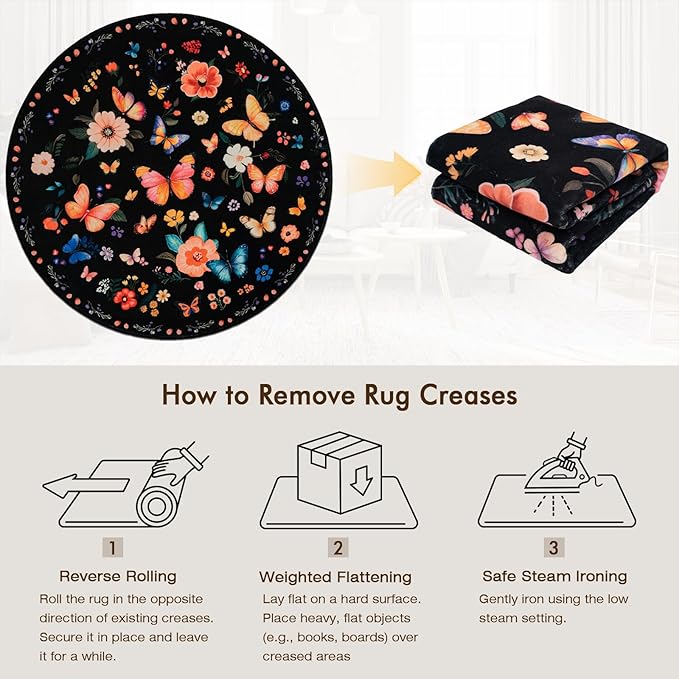 6' Machine Washable Round Area Rug, Non-Slip Vintage Floral Circle Floor Rugs for Kids, Low Pile Room Carpet for Living Room, Bedroom, Dining Room & Nursery(6' Black Floral)