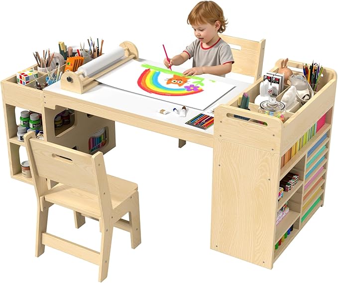 50″Lx22″W Kids Art&Craft Table and 2 Chairs Set, Portable Supply Organizer and Paper Roll Dispenser, Art Desk and Craft Table for Kids, Toddler Activity and Coloring Tables with Storage(White)