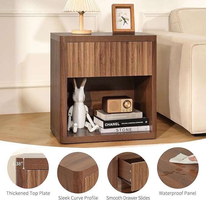 Night Stand Set of 2, Fluted Nightstand with Drawers, Wood Bedside Table with Storage, Mid Century Nightstands Night Stands Bed Side Table for Bedroom, Side Tables End Tables for Living Room
