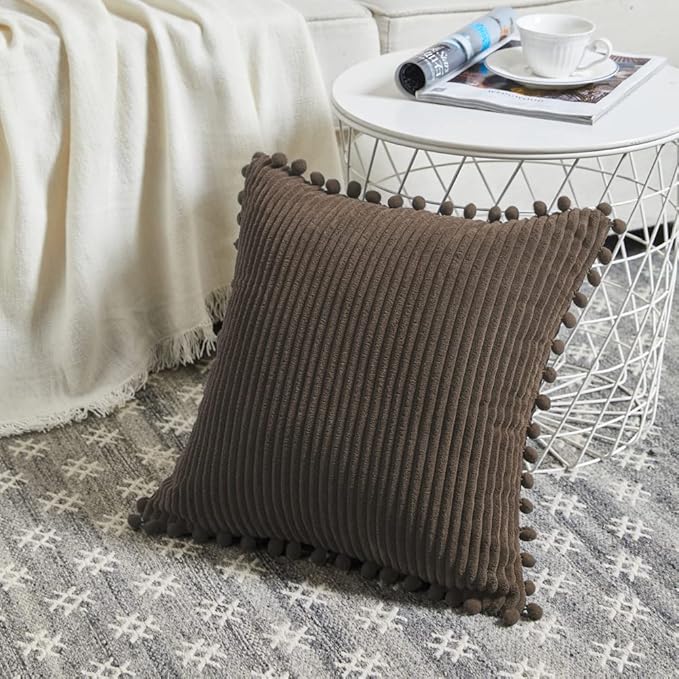 Fancy Homi 2 Packs Dark Brown 26x26 Pillow Covers, Euro Pillow Covers with Pom-poms, Big Throw Pillow Covers for Couch Bedroom 66x66 cm
