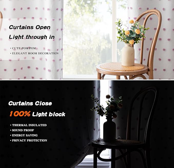 MYSKY HOME 100% Blackout Curtains for Girls Bedroom 84 Inches Long with Purple Pom Pom Sheer Total Light Blocking Curtains for Living Room 2 Panels Grommet Room Darkening Window Drapes 52W x 84L