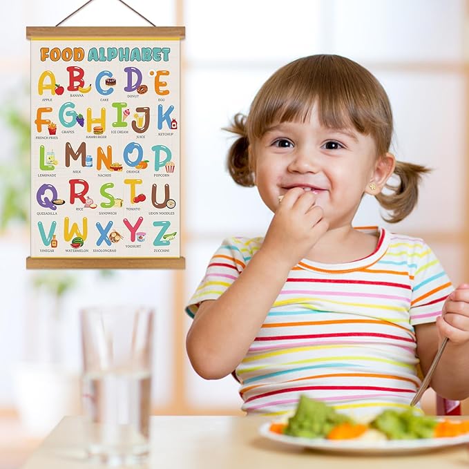 KAIRNE Food Alphabet Wall Decoration,Alphabet Poster,Colorful ABC Art Prints,ABC Canvas With Magnetic Hanger Frame(35”X56”),Educational Chart Wall Art for Toddler Classroom Kids Room Playroom Decor
