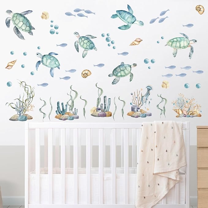 Watercolor Sea Turtle Wall Stickers, Sea Turtles Seaweed Coral Bubbles Vinyl Wall Decals, Removable Under The Sea Themed DIY Wall Art for Kids Bedroom Playroom Toddler Room Bathroom Decor