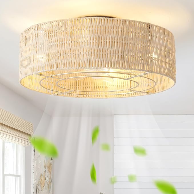 Low Profile Ceiling Fans with Lights, 20" Boho Rattan Ceiling Fan with Light Flush Mount and Remote Control, Drum Caged with 6 Speeds for Bedroom, Nursery, Living Room (Beige)