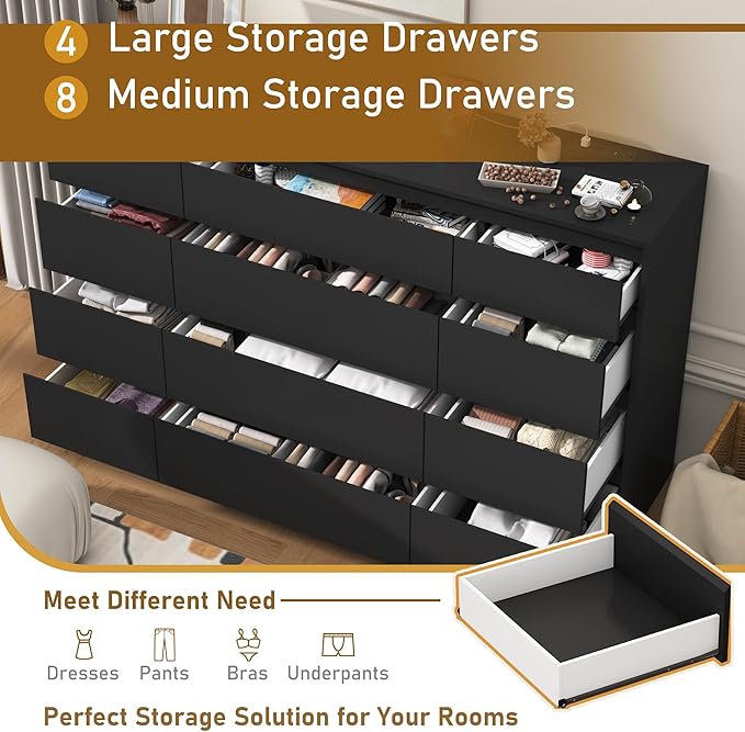 Black Malm Dresser for Bedroom, 63" Wide 37" Tall Dresser with 12 Drawers & Charging Station, Modern Large Wood Chest of Drawers Handle Free for Bedroom, Living Room, Entryway, Hallway, Black