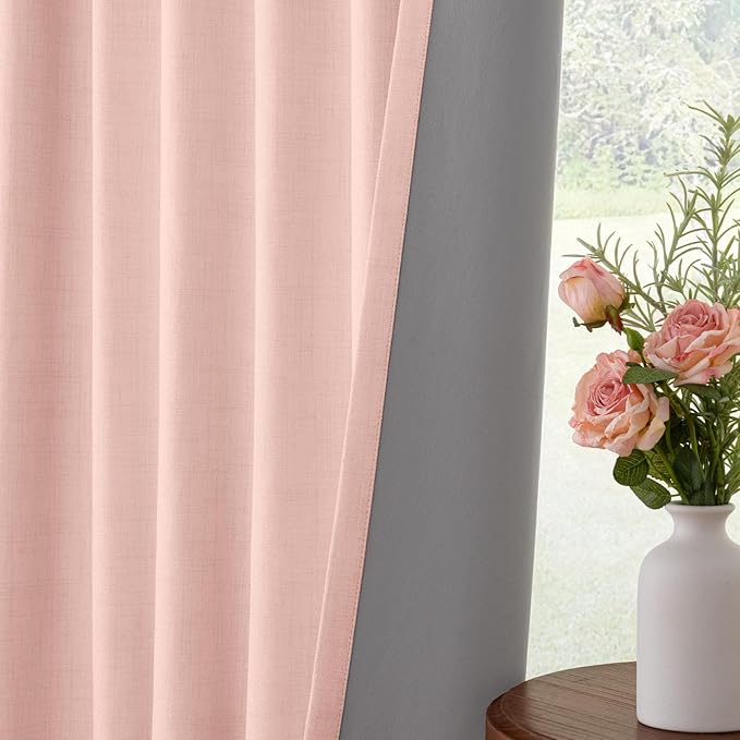 INOVADAY 100% Blackout Curtains for Bedroom, Black Out Curtains 90 Inch Long, Clip Rings Linen Blackout Drapes, Thermal Insulated Room Darkening for Living Room, 2 Panels - Blush Pink,W50xL90