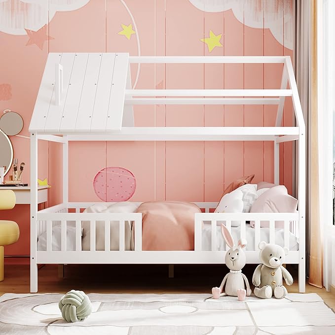 Merax Full House Bed for Kids,Wood Full Bed Frame House-Shaped Bed Platform Bed Frame with Roof Windows and Full-Length Safety Rails White