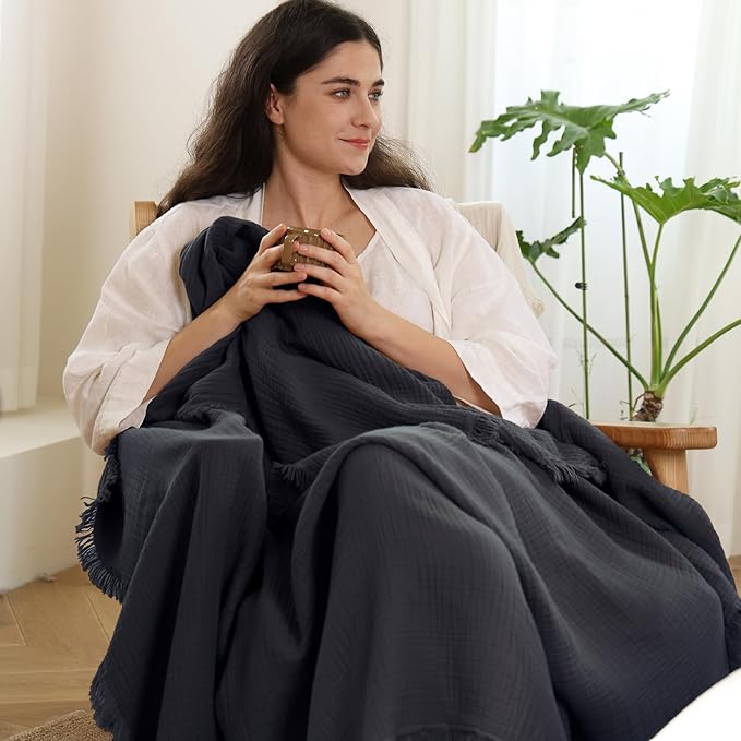 MooMee Muslin Blanket - 100% Cotton 4-Layer Gauze Throw Blanket with All-Around Fringe, Ultra-Soft Breathable Lightweight Cooling Decorative for Bed, Sofa & Couch (Dark Grey,Throw 60" x 50")