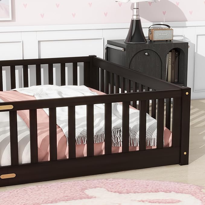Queen Size Floor Bed for Kids, Wood Montessori Floor Beds with Fence Railings, Door & Slats Support, Queen Playhouse Bed Frame for Boys Girls, No Box Spring Needed, Espresso