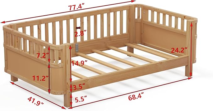 KEIKI Twin Size Wooden Floor Bed w/Removable Rails, Montessori Platform Bed Frame w/Safety Low Profile, Space Saving Corner Kids Beds for Boys Girls Bedroom, No Box Spring Needed, Easy Assembly, Brown