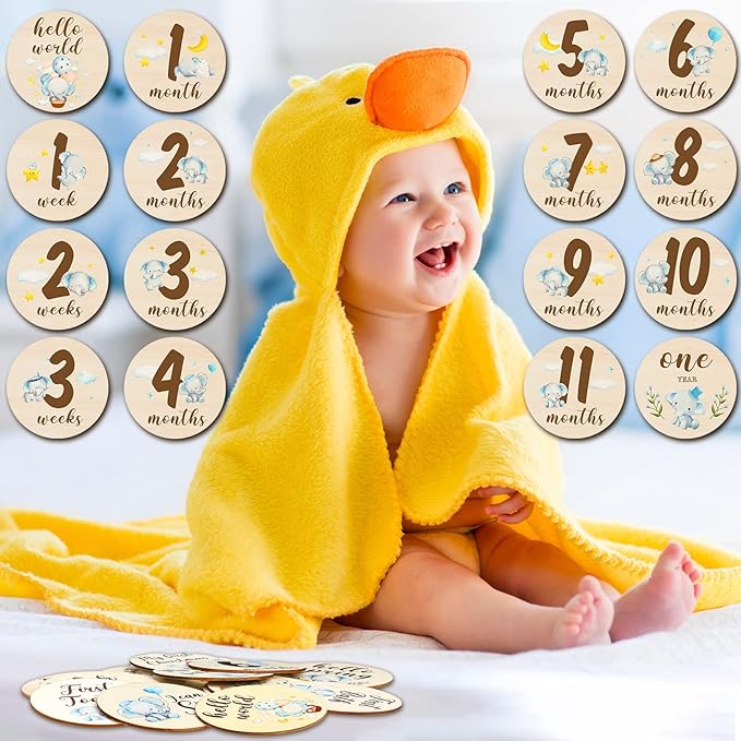 16 Pieces Wooden Baby Monthly Milestone Cards Baby Monthly Milestone Marker Discs Double Sided Monthly Milestone Wooden Circles Baby Months Signs for Baby Shower Newborn Photo Props(Blue Elephant)