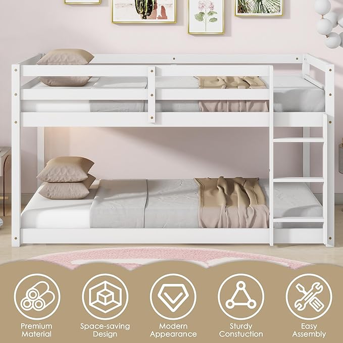 Bunk Bed Twin Over Twin, Wood Low Profile Floor Twin Bunk Beds with Ladder Guardrails for Kids Boys and Girls, No Box Spring Needed