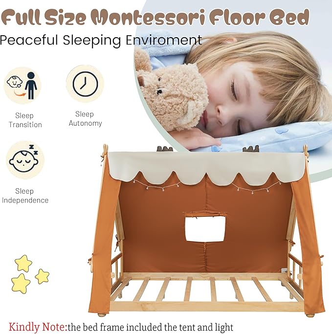 Montessori Floor Bed Full with Tent & Light, Wood Full House Beds for Kids, DIY Playhouse, Low-Profile Teepee Bed, Playful Indoor Adventure & Sleep for Girls Boys,Natural+Brown