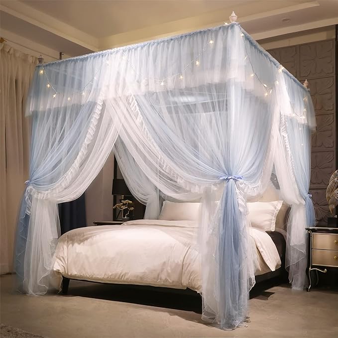 VETHIN 4 Corners Post Ruffle Princess Bed Canopy Curtain-Double Layer Cozy Drape Netting 4 Opening Mosquito Net for Girls Adults Bedroom Decoration (Gray/White,59" W*82" L*82"*H/Queen)