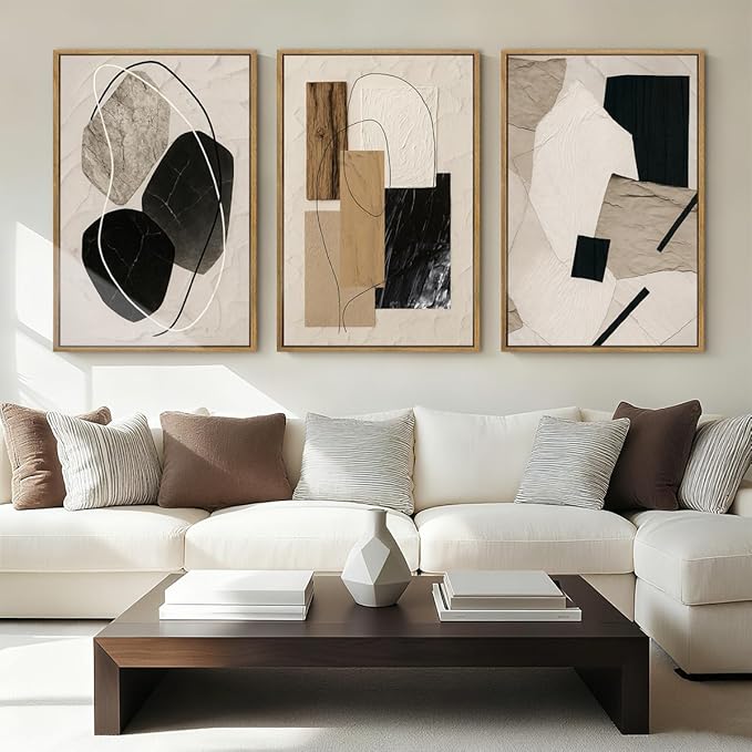 Large Abstract Paintings Framed Neutral Canvas Prints Mid Century Modern Wall Art for Living Room Bedroom Bathroom 36x24 Inch 3 Piece