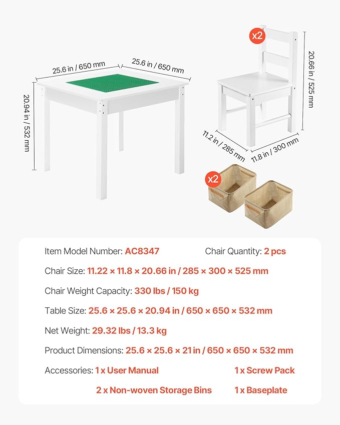 VEVOR Kids Activity Table and 2 Chairs Set, Building Blocks Double-Sided Tabletop, Toddler Table and Chair Set with Storage for Kids 3+ Years, Large Storage Space, Present for Boys & Girls, White