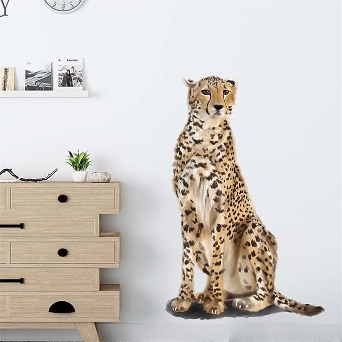 Sitting Cheetah Wall Decal Nursery Animal Leopard Wall Sticker Removable Peel and Stick Waterproof Wall Art Decor Stickers for Kids Baby Classroom Living Room Playing Room Bedroom