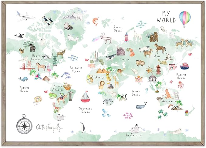Green Kids World Map Wall Art Animal Map Canvas Wall Art Nursery Wall Decor World Map Poster Childrens Room Decor Playroom Prints Educational Artwork 16x24 Inch Unframed