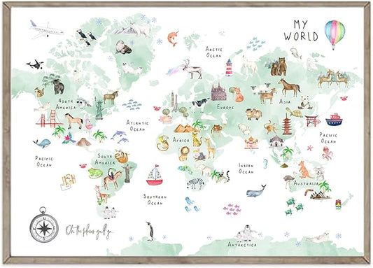 Green Kids World Map Wall Art Animal Map Canvas Wall Art Nursery Wall Decor World Map Poster Childrens Room Decor Playroom Prints Educational Artwork 16x24 Inch Unframed