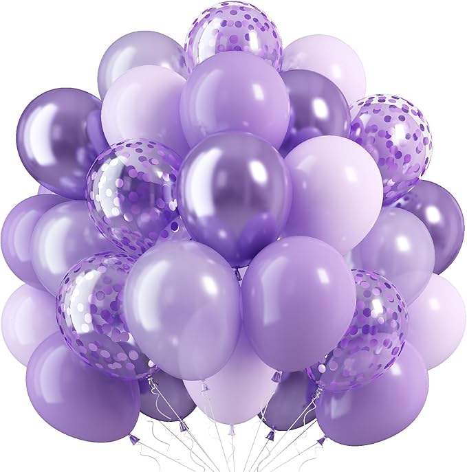 Purple Mixed Balloons, 60 PCS 12inch Lavender Balloons Metallic Purple Confetti Latex Balloon for Girls Women Birthday Baby Shower Bridal Shower Wedding Party Decorations