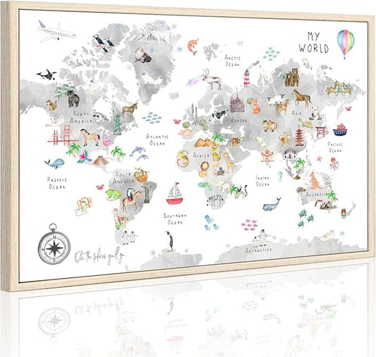 Grey Kids World Map Wall Art Animal Map Canvas Wall Art Nursery Wall Decor World Map Poster Childrens Room Decor Playroom Prints Educational Artwork 16x24 Inch Framed