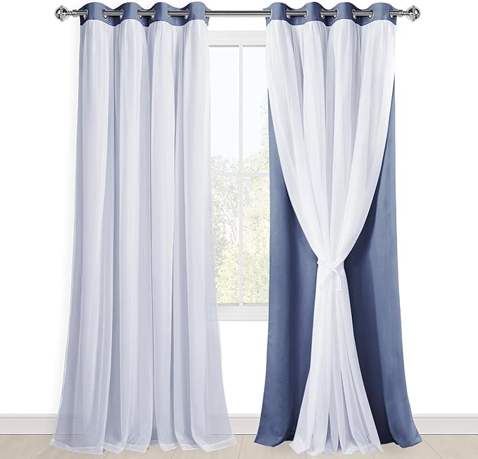 Hiasan Blackout Curtains with Sheer Overlay, Thermal Insulated Mix & Match Double Layer Room Darkening Window Curtains for Bedroom,Living Room,Nursery 2 Panels with Tiebacks (52W X 108L,Blue Haze)