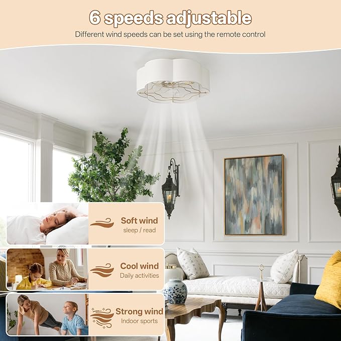 Caged Ceiling Fan with Lights, Flush Mount 20" Boho Ceiling Fans with Lights Remote Control, Low Profile Fabric Bladeless with 6 Speeds for Bedroom, Nursery, Kitchen