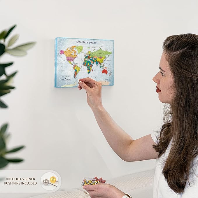 ElephantStock - Personalized Adventure Awaits IV Push Pin World Map Wall Art - Horizontal Canvas Wall Art - Living Room Wall Decor - Digital Art Map Canvas Art - Blue And Green Decor - 12" x 8"