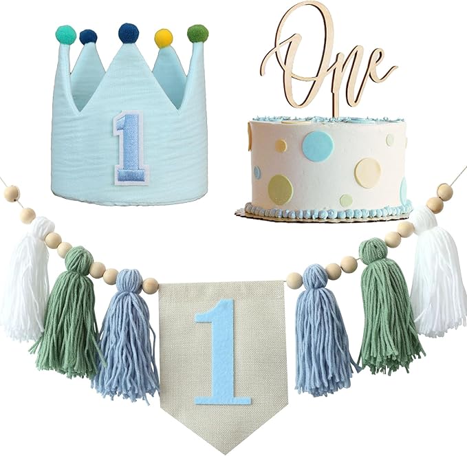 Baby 1st Birthday Party Decorations For Handmade Tassel Garland Highchair Banner With One Cake Topper Blue Crown Hat