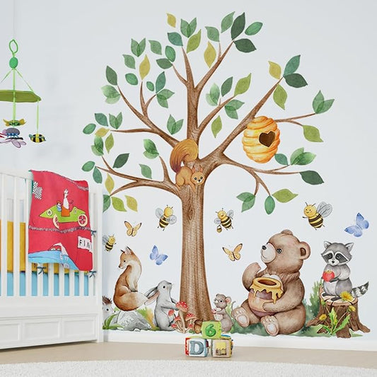 Large Woodland Animals Tree Wall Decal Set, Forest Tree with Bear Fox Bee Wall Stickers for Nursery Kids Bedroom Wall Decor, 55.51x44.49 inches